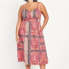 Old Navy Waist-Defined Cami Midi Dress Pink Paisley Patchwork Smocked Boho L
