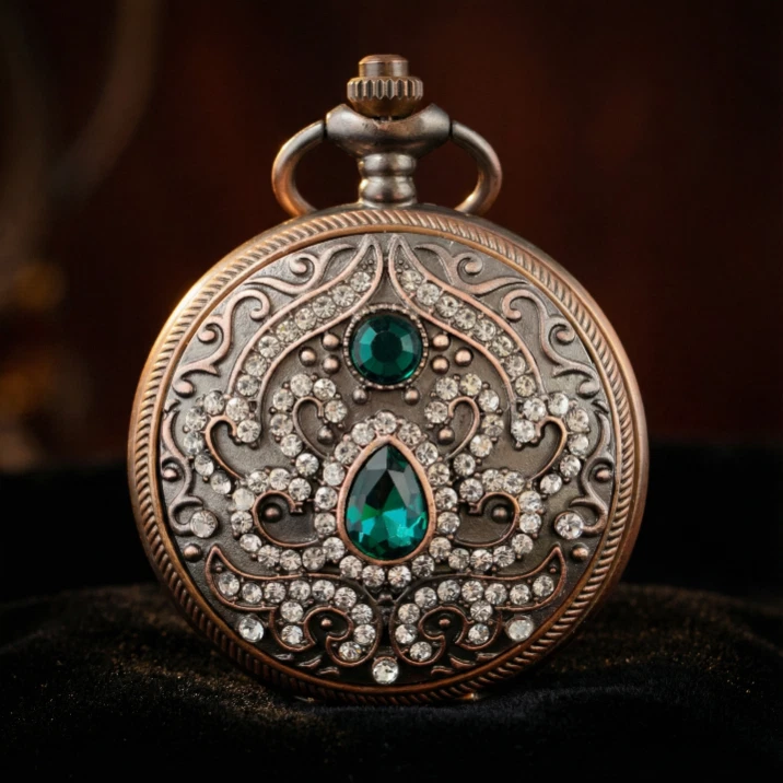 Reloj de Bolsillo Victoriano de Cuarzo Bronce con Acentos de Cristal Esmeralda y Transparente Foto 4 de 4