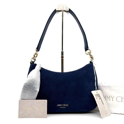 JIMMY CHOO Athini Shoulder S Hobo Bag Navy Suede Tassel Gold Hardware