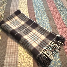 Vintage Plaid Wool Throw Brown Blue Beige Gray Rectangular-Recently Dry Cleaned.