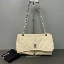 Chanel Quilted Flap Shoulder Bag Off‑White Calfskin Silver Hardware Auth