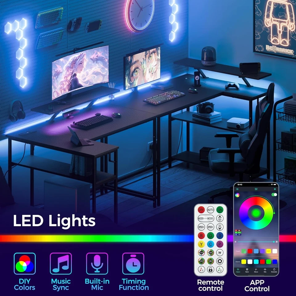 Mondeer L-Shape Gaming Table 120x90cm LED USB Socket Shelf Hooks Black - Image 4 of 4