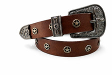 Men s Brown Leather Western Belt Longhorn Buckle Texas Star Concho Studded