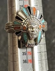 Vintage Sterling Silver Southwestern Chief Warbonnet Inlay Ring S13.75 13.4g