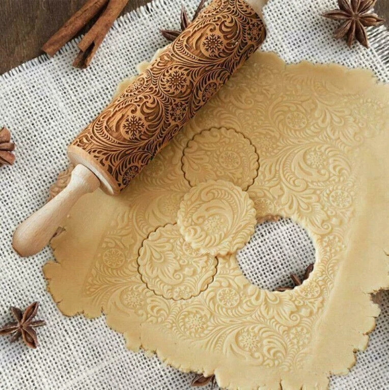 Teigrolle mit Blumen Muster Keksrolle Nudelholz Teigholz Weihnachten Prägerolle - Bild 2 von 4