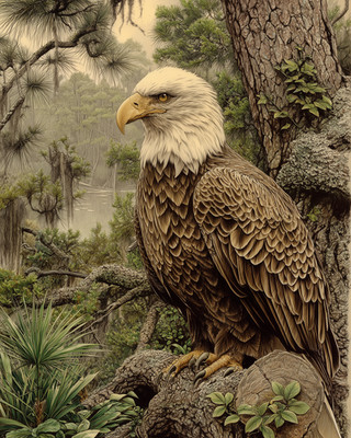 8x10 Bald Eagle Perched by Misty Lake Wildlife Art Print - 114733215