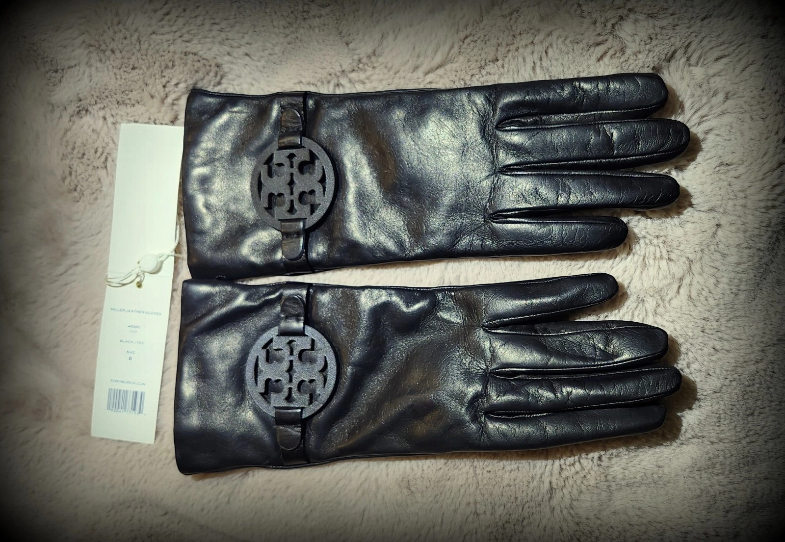 New "TORY BURCH" Miller T-Logo Leather Gloves 75711 Black Size 8