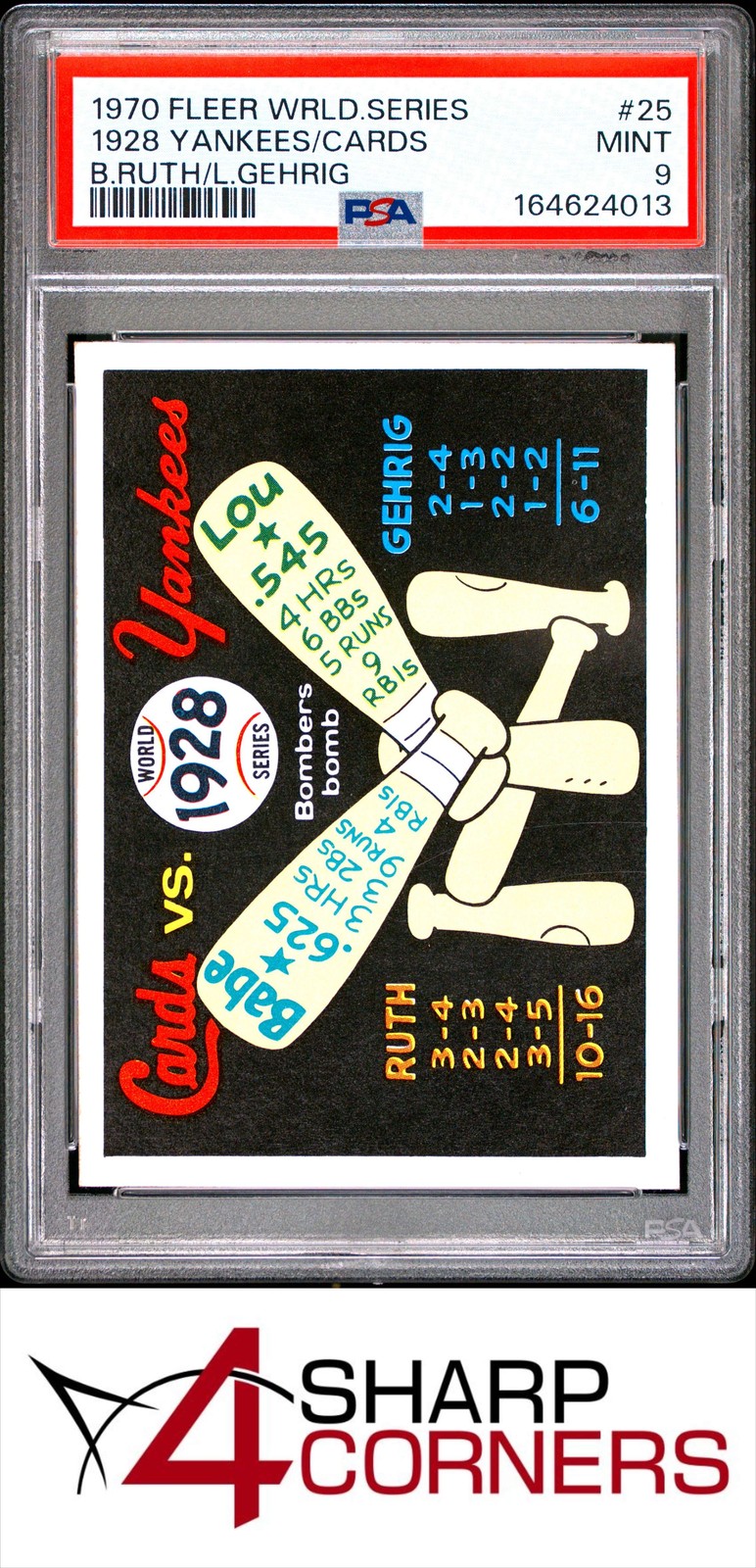 1970 FLEER WORLD SERIES BLUE BACK #25 BABE RUTH-LOU GEHRIG 1928 POP 7 PSA 9