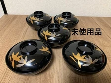 Echizen Lacquer Soup Bowl Set 5pcs Wooden Chokin Orchid Inlay 125mm Used