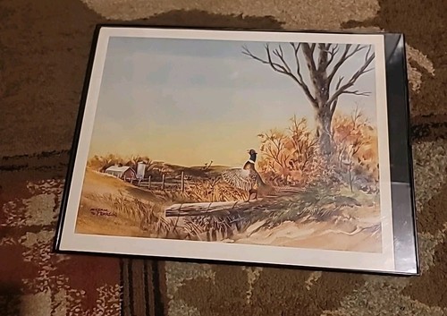 Sherm Pehrson 1976 Outdoor Kunstdruck 15x11", gerahmt, Fasan, Scheune auf einem Feld - Bild 1 von 3