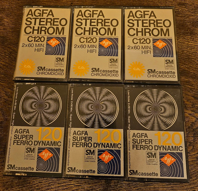 6 Audio Kassetten AGFA Super Ferro Dynamic / Stereo Chrom - 120 - ( leer / neu )