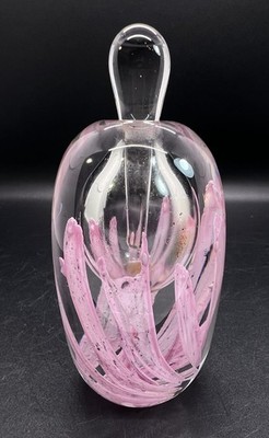 Hand Blown Art Glass Empty Perfume Bottle Pink Pulled Feather Studio Decor
