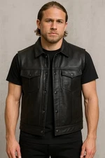 Black Genuine Leather Biker Club Vest with Collar Conceal Carry Casual Waistcoat