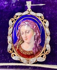 Rare Large Italian 18K Gold Hand Painted Enamel Madonna Diamond Pendant 12.11g