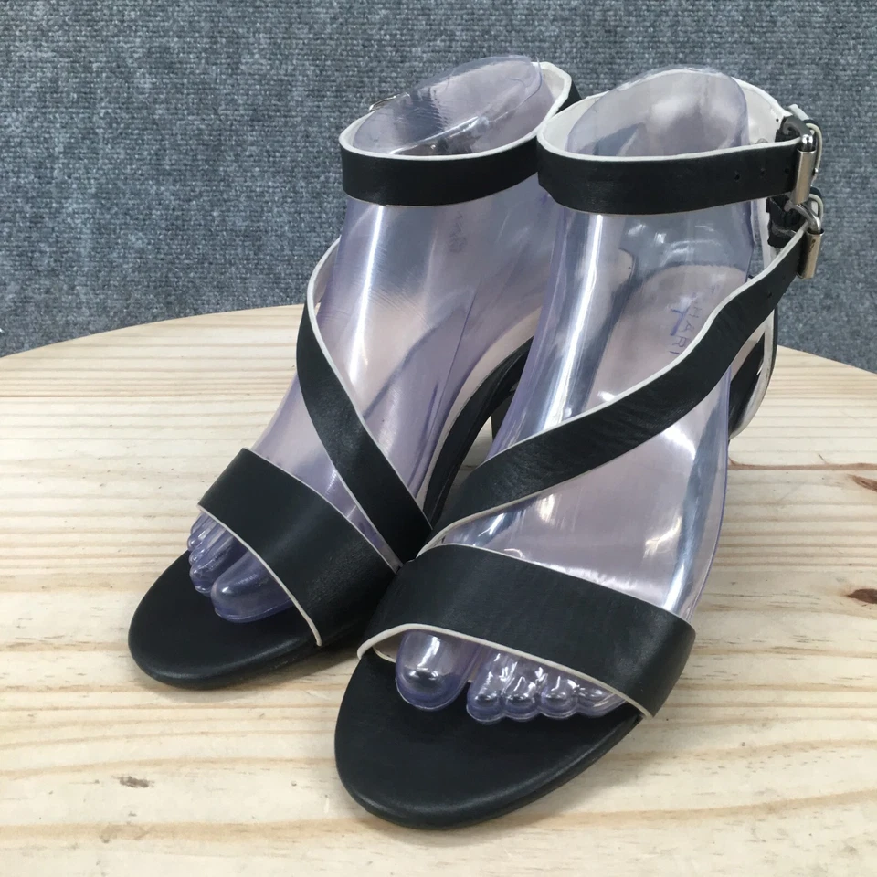 Tahari Sandals Womens 7 M Pansy Ankle Straps Black Leather Buckle Heels Casual - Image 3 of 4