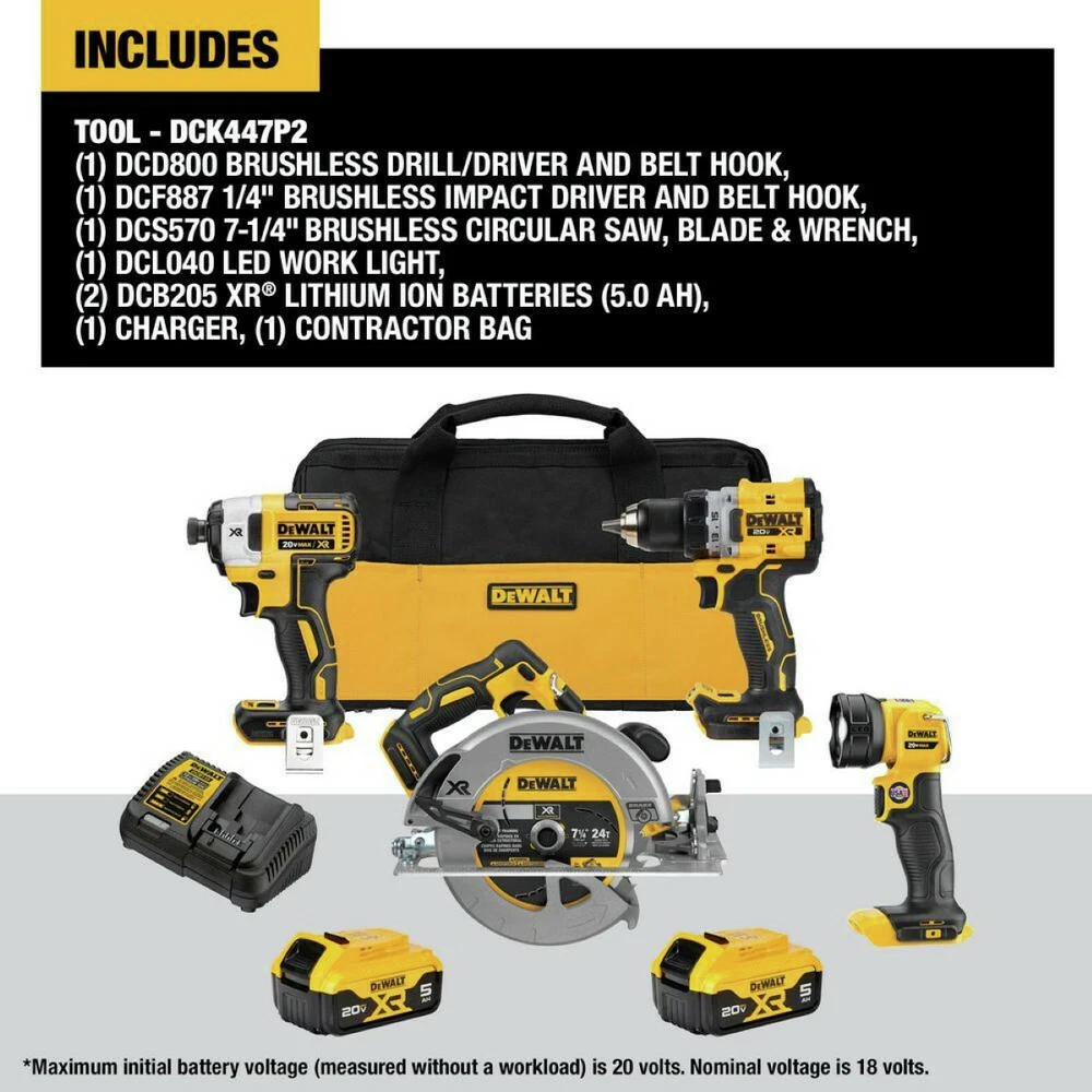 DEWALT DCK447P2 20V MAX XR BL Li Ion 4 Tool Combo Kit w 2 Batts
