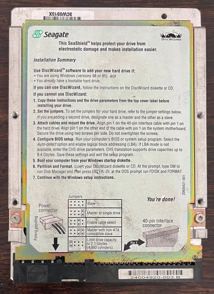 Vintage Seagate 15GB - ST315320A, 9P3006-038, FW 3.21, 24004920-003B - For Parts - Image 3 of 3