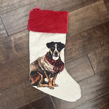 New Pottery Barn Painted Dog TERRIER puppy Linen Christmas Stocking No Mono Ever