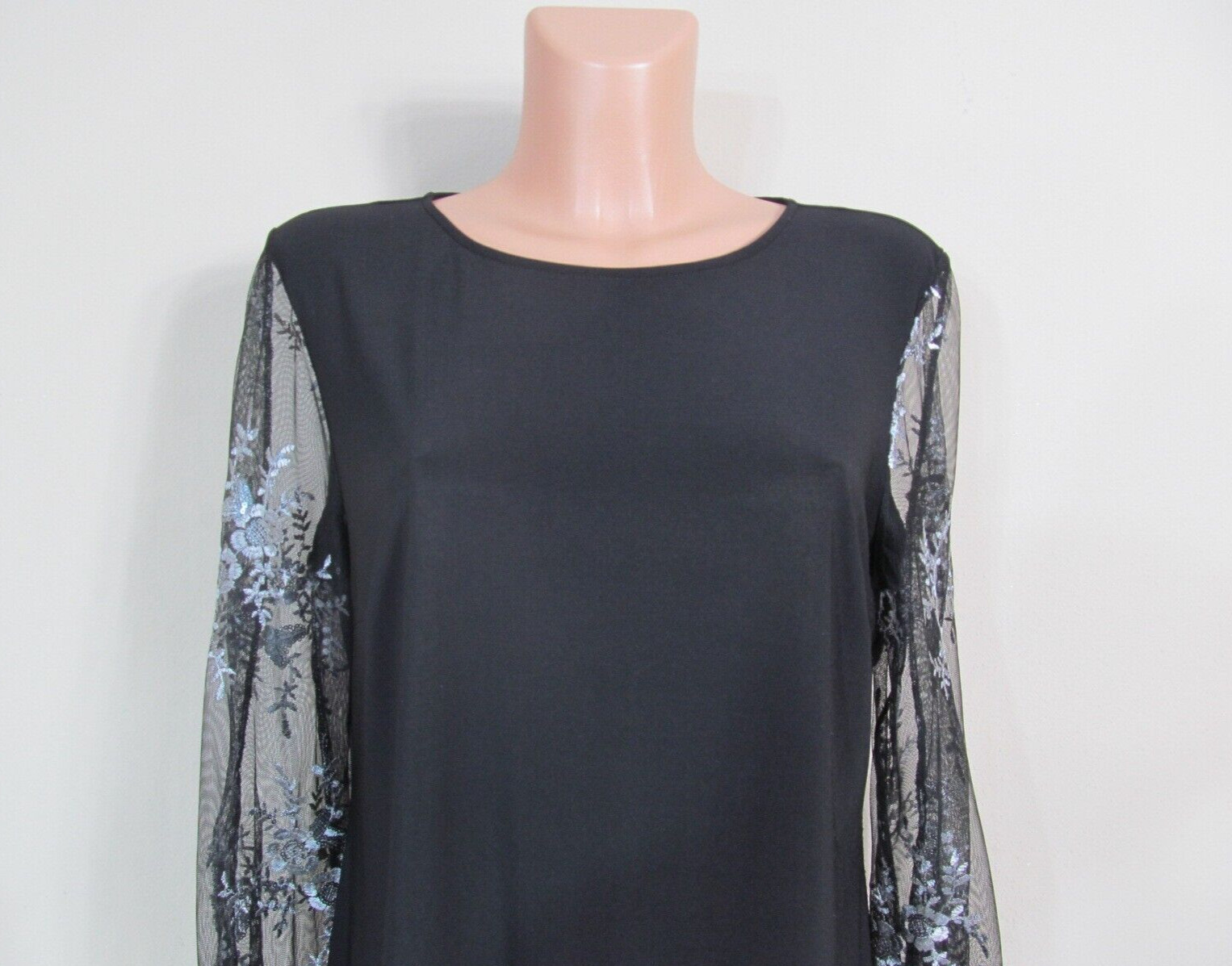 STUDIO BADGLEY MISCHKA Black Party Top Silver-Embroidered Sequined Sheer Sleeves image 2