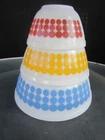 Pyrex Polka Dots Mixing/Nesting Bowls. Set of 3: Orange/Yellow/Blue Made 1968-73