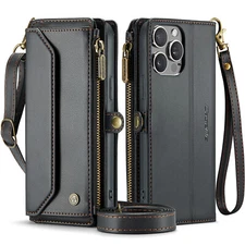 For iPhone 17 Pro Max 16 15 14 13 12 11 Leather Crossbody Strap Wallet Bag Case
