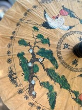 Vintage Japanese Chinese Umbrella Rice Paper Bamboo Asian Oriental Hand Painted