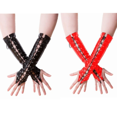 PVC Womens Long Gloves Sexy Ladies Bandage Gloves Lace-up Wristband Clubwear