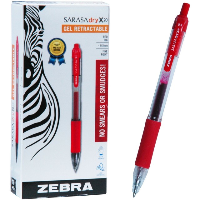 Zebra Sarasa Dry X20 0.5mm Red Gel Ink Rollerball Pen, 46730, Box of 12