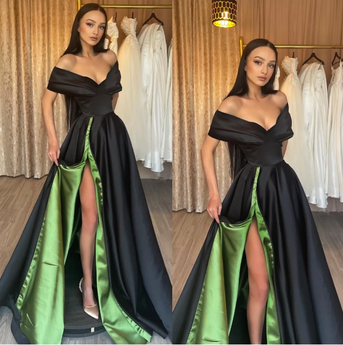 Gothic Black and Green Wedding Dresses Satin with Side Split Bridal Gowns | eBay Gothic Black and Green Wedding Dresses Satin with Side Split Bridal Gowns | eBay