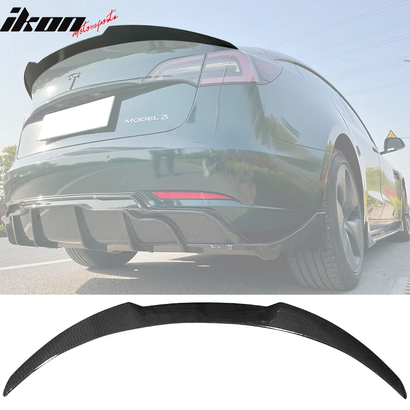 Fits 17-23 Tesla Model 3 IKON Style Rear Trunk Spoiler Wing - Carbon Fiber Print