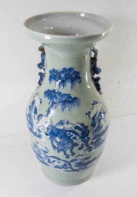 Antique Chinese Celadon and Underglaze Blue and White Vase Horses