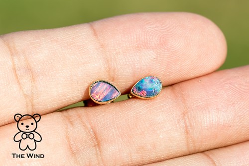 Rainbow Color Pear Shaped Australian Doublet Opal Stud Earrings 14K Yellow Gold - Picture 9 of 10