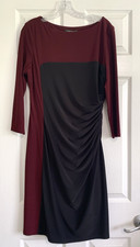 Lauren Ralph Lauren Dress Womens 14 Maroon Black Colorblock Ruched Sheath