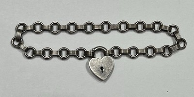 Vintage Puffy Heart Charm Bracelet Sterling Silver Locket Lock Key 1940's Clasp
