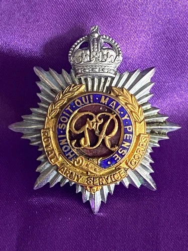 Genuine WW2 The Royal Army Service Corps KC Silver/Gilt/Enamel Cap Badge w/lugs