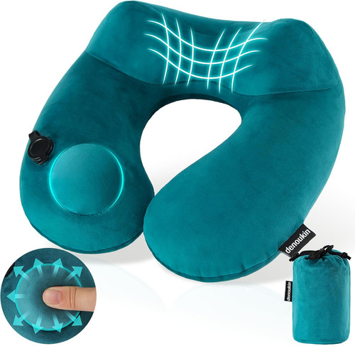 Inflatable Neck Pillow for Travel with Built-In Pump Lake Blue