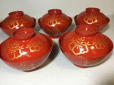 Lacquered Soup Bowls Five Piece Set Japanese Traditional Craft Authentic