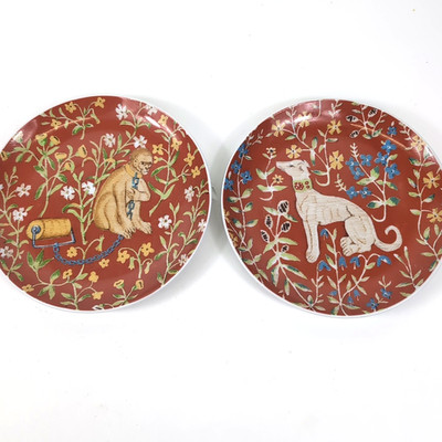 Seymour Mann Flemish Tapestry Hunt Unicorn Monkey Greyhound Salad Dessert Plates