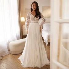 Abito da sposa boho maniche a sbuffo pizzo applique chiffon linea A abiti da sposa spiaggia
