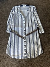 Passport Women's Striped Shirt Dress S Blue White Belted Button 3/4 Sleeve