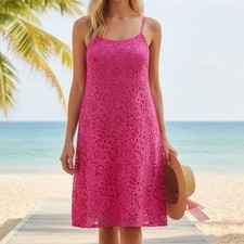 Kaari Blue Lace Shift Dress Pink Floral Sleeveless Barbiecore Tropical Summer M
