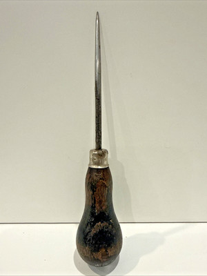 Antique Vintage 6 1/2'' Scratch Awl Black Wood Handle with Collar Ice Pick USA