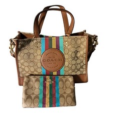 Coach Dempsey Tote 22 Signature Canvas Varsity Stripe Patch C5794 Brown Multi