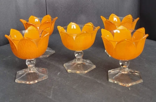 Vintage Westmoreland Orange Peel Lotus Flower Glass Dessert Cups MCM Set of 5