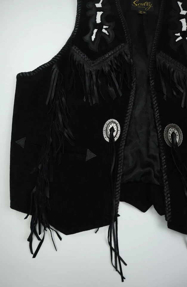 Vintage Scully Hand Beaded Genuine Leather Vest Fringed Black Size 48 2XL - Image 3 of 4