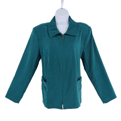 Notations Full Zip Blazer Womens Size L Green/Blue Polyester Blend Shoulder Pads
