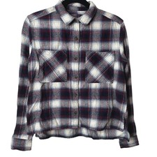 Black Red Blue White Plaid Cropped Long Sleeve Flannel Button Down Shirt M