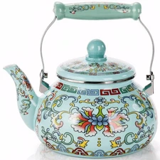 2.6 Quart Floral Enamel Tea Kettle, Vintage Enameled Teapot Stovetop, Enamel ...