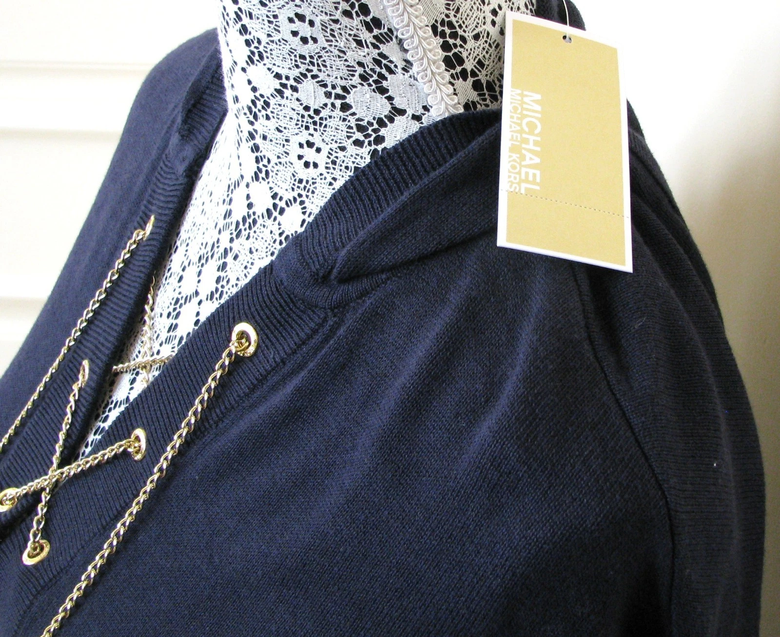 NEW MICHAEL KORS DARK MIDNIGHT BLUE+G TONE CHAIN HOOD SWEATER SHIRT SIZ SMALL
