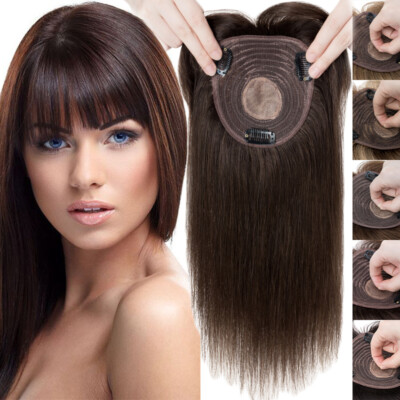100% Remy Human Hair Women's Topper Clip In Top Mono Base Hairpiece Toupee Bangs